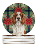 Welsh Springer Spaniel Christmas PoinsettIas Large Sandstone Coasters Pack of 4 Absorbent Round Coasters Decor Gifts for Men or Women, 4 in, Multicolor