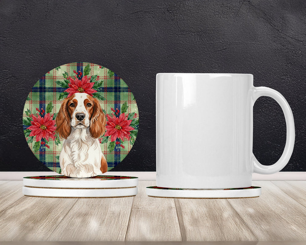Welsh Springer Spaniel Christmas PoinsettIas Large Sandstone Coasters Pack of 4 Absorbent Round Coasters Decor Gifts for Men or Women, 4 in, Multicolor