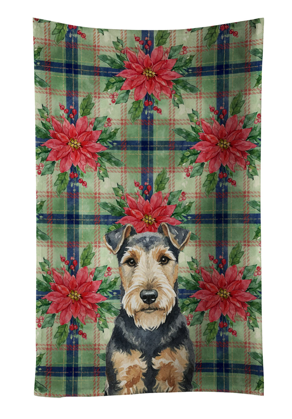 Welsh Terrier Christmas PoinsettIas Kitchen Towel Velour Plush Front and Cotton Loop Back Machine Washable