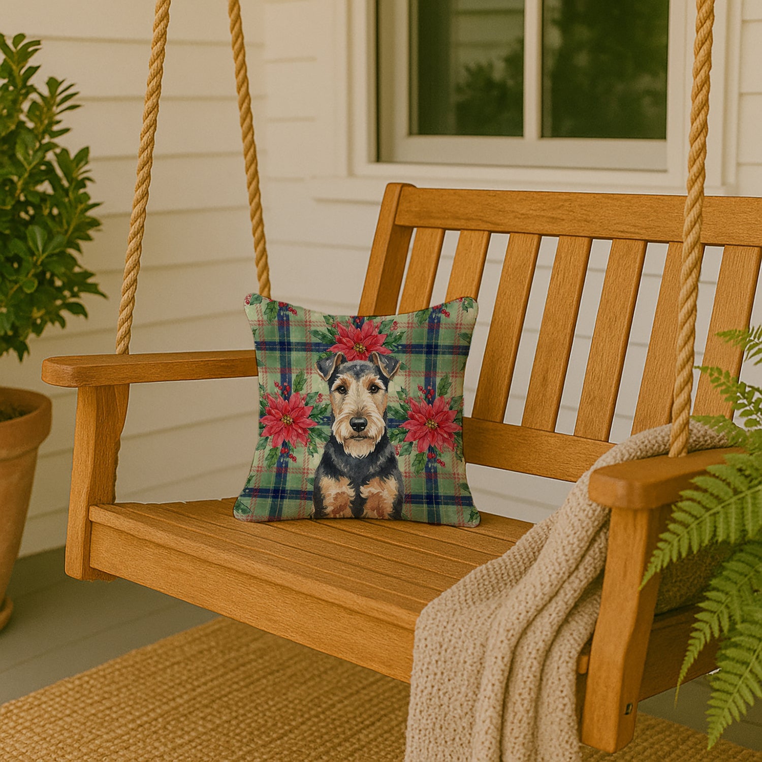 Welsh Terrier Christmas PoinsettIas Decorative Throw Pillow 14x14 Indoor Outdoor Accent Cushion, Fabric Cover with Insert for Sofa, Bed, Porch & Living Room