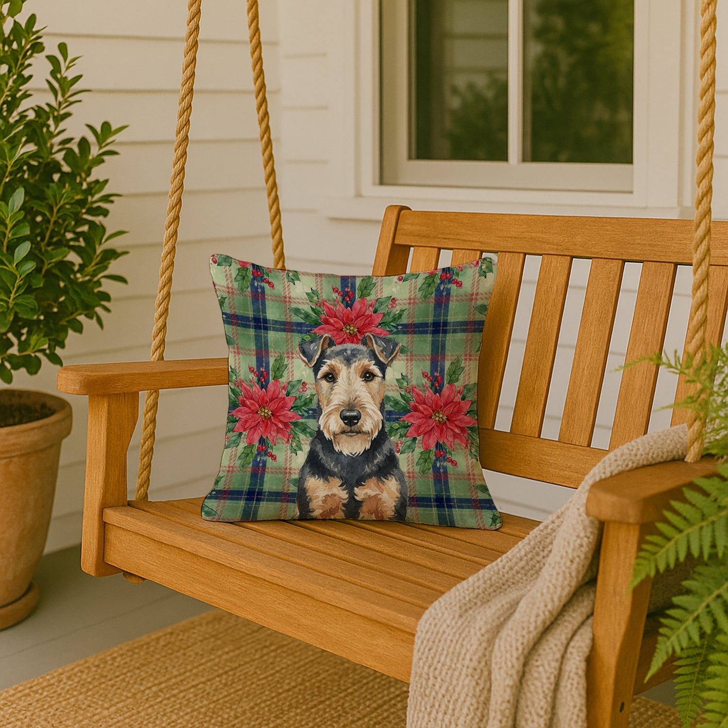 Welsh Terrier Christmas PoinsettIas Decorative Throw Pillow 18x18 Indoor Outdoor Accent Cushion, Fabric Cover with Insert for Sofa, Bed, Porch & Living Room