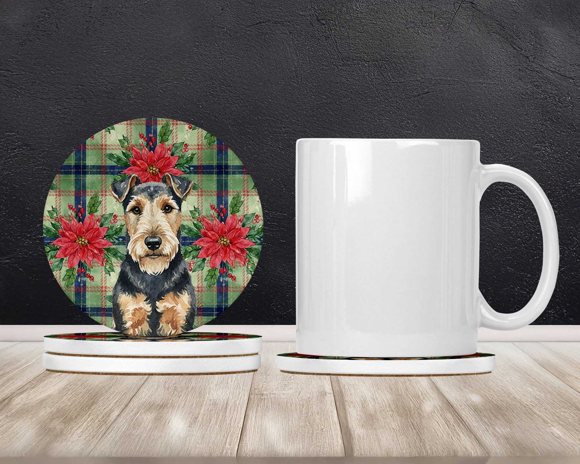 Welsh Terrier Christmas PoinsettIas Large Sandstone Coasters Pack of 4 Absorbent Round Coasters Decor Gifts for Men or Women, 4 in, Multicolor