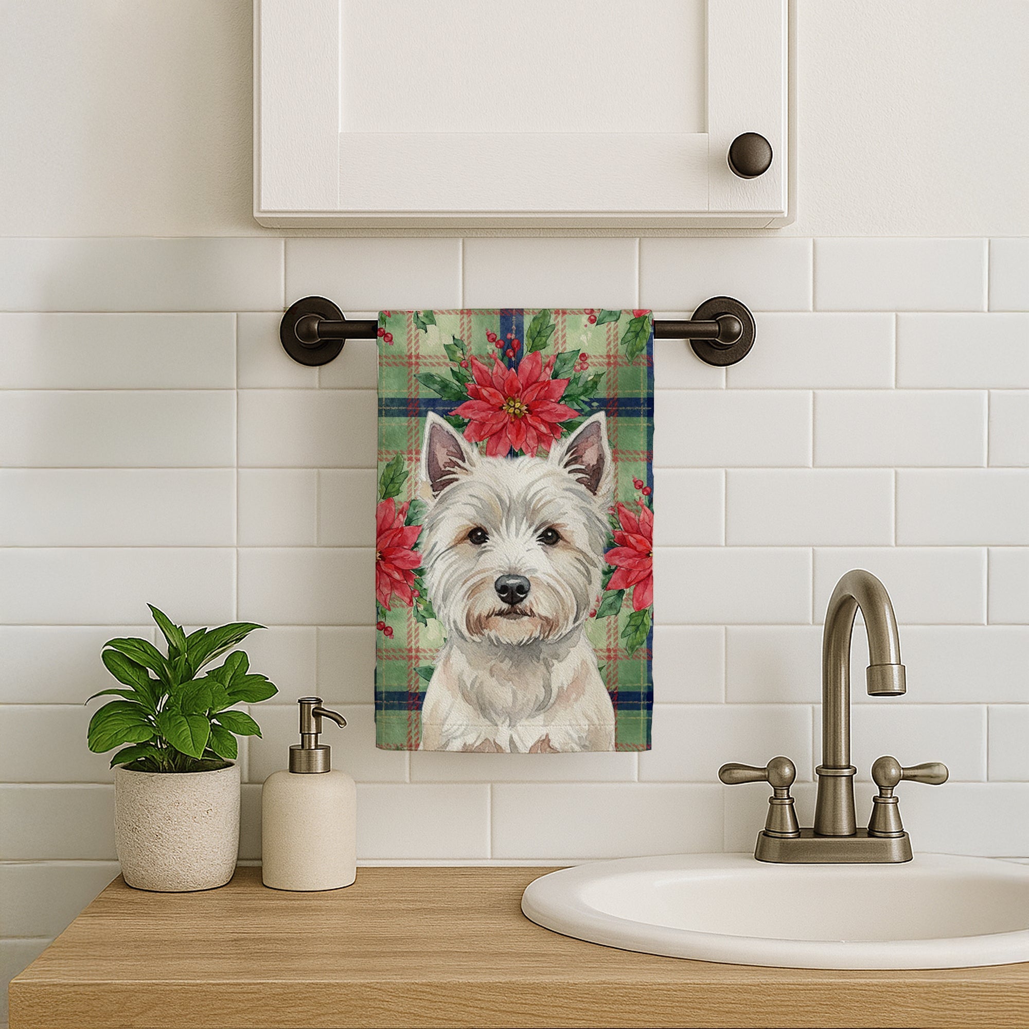 Westie Christmas PoinsettIas Kitchen Towel Velour Plush Front and Cotton Loop Back Machine Washable