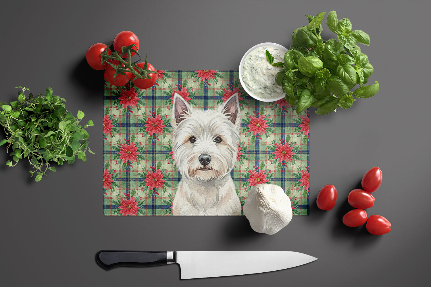 Westie Christmas PoinsettIas Cutting Board Tempered Glass Kitchen Cutting Surface, Heat Resistant Chopping, Non-Slip Feet, Food Prep & Serving