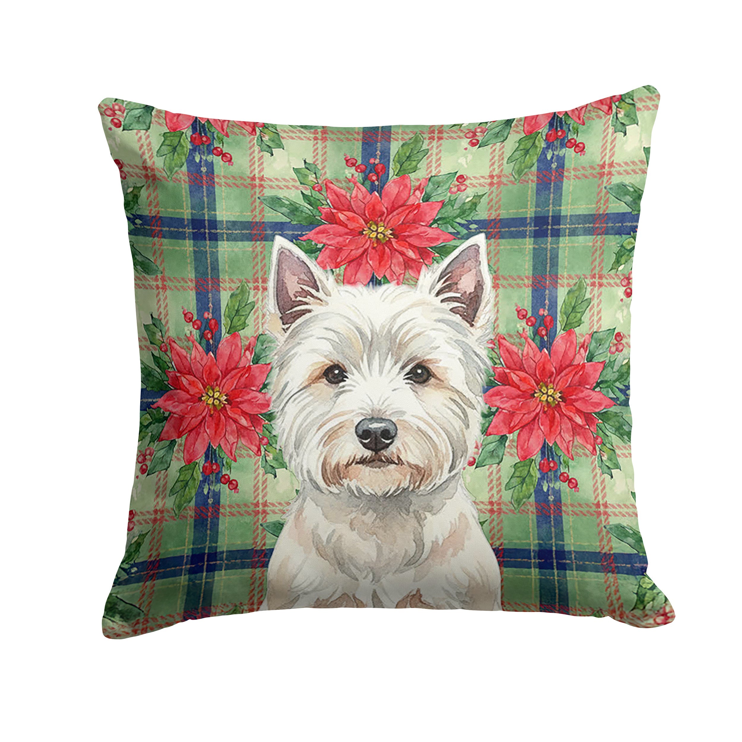 Westie Christmas PoinsettIas Decorative Throw Pillow 14x14 Indoor Outdoor Accent Cushion, Fabric Cover with Insert for Sofa, Bed, Porch & Living Room