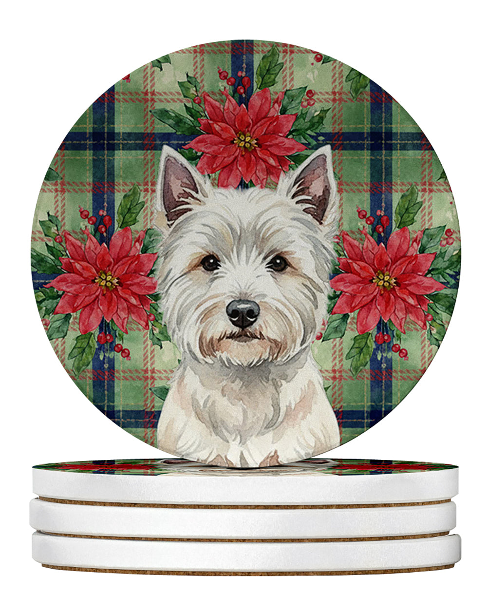Westie Christmas PoinsettIas Large Sandstone Coasters Pack of 4 Absorbent Round Coasters Decor Gifts for Men or Women, 4 in, Multicolor