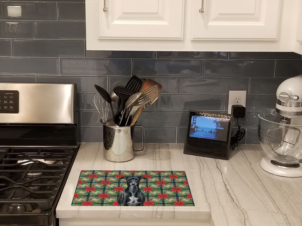 Black Whippet Christmas PoinsettIas Cutting Board Tempered Glass Kitchen Cutting Surface, Heat Resistant Chopping, Non-Slip Feet, Food Prep & Serving