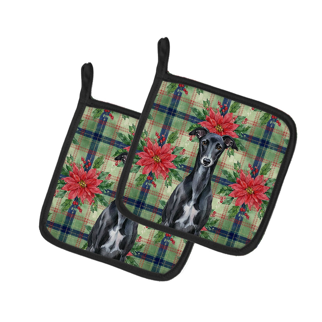 Black Whippet Christmas PoinsettIas Pot Holder Set of 2 Heat Resistant Quilted Hot Pads 7.5 x 7.5 Inch, Insulated Kitchen Trivets for Cooking & Baking