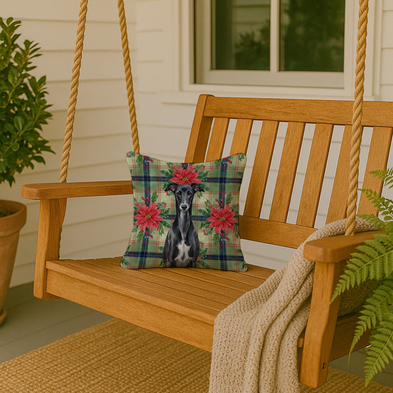 Black Whippet Christmas PoinsettIas Decorative Throw Pillow 14x14 Indoor Outdoor Accent Cushion, Fabric Cover with Insert for Sofa, Bed, Porch & Living Room