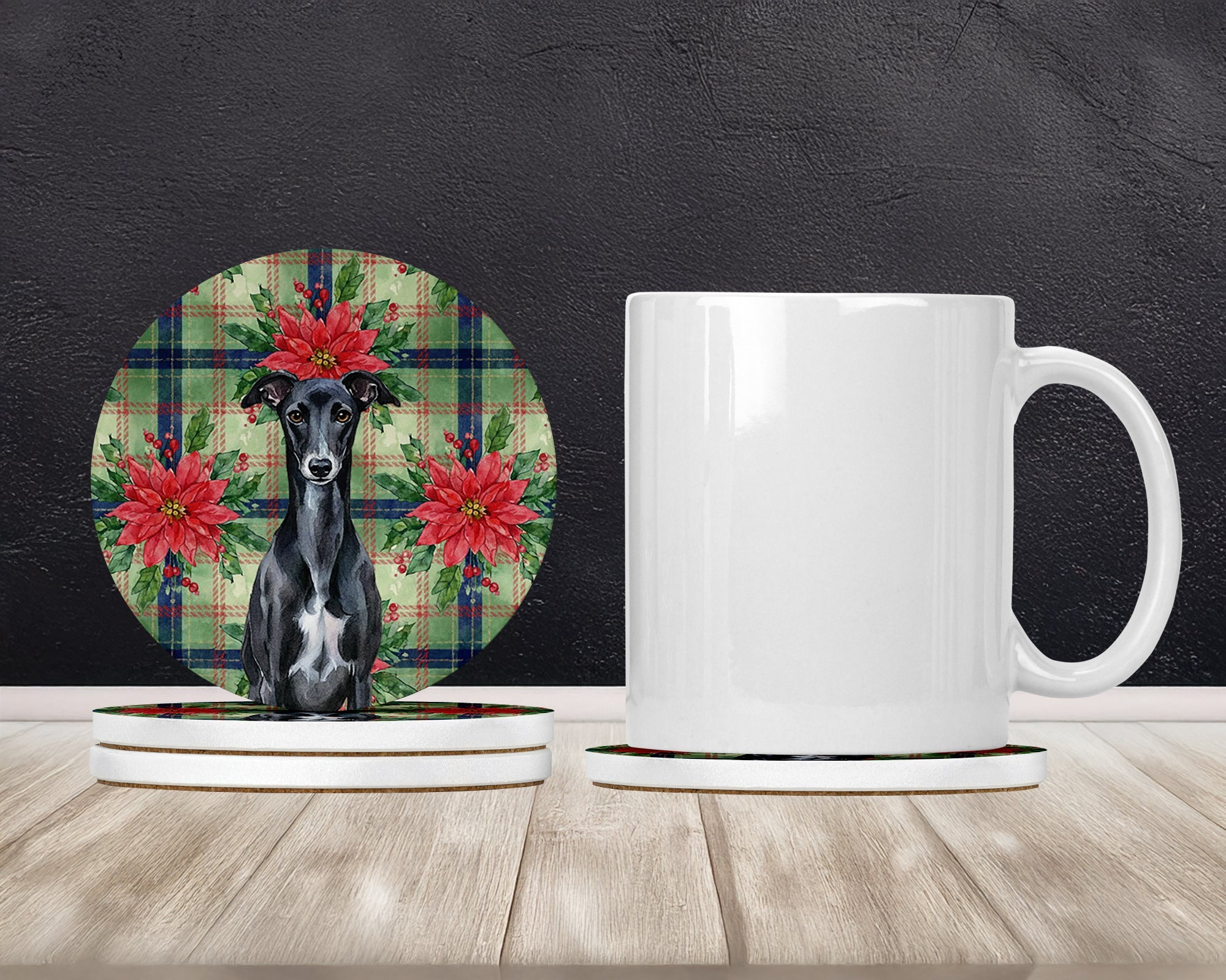 Black Whippet Christmas PoinsettIas Large Sandstone Coasters Pack of 4 Absorbent Round Coasters Decor Gifts for Men or Women, 4 in, Multicolor