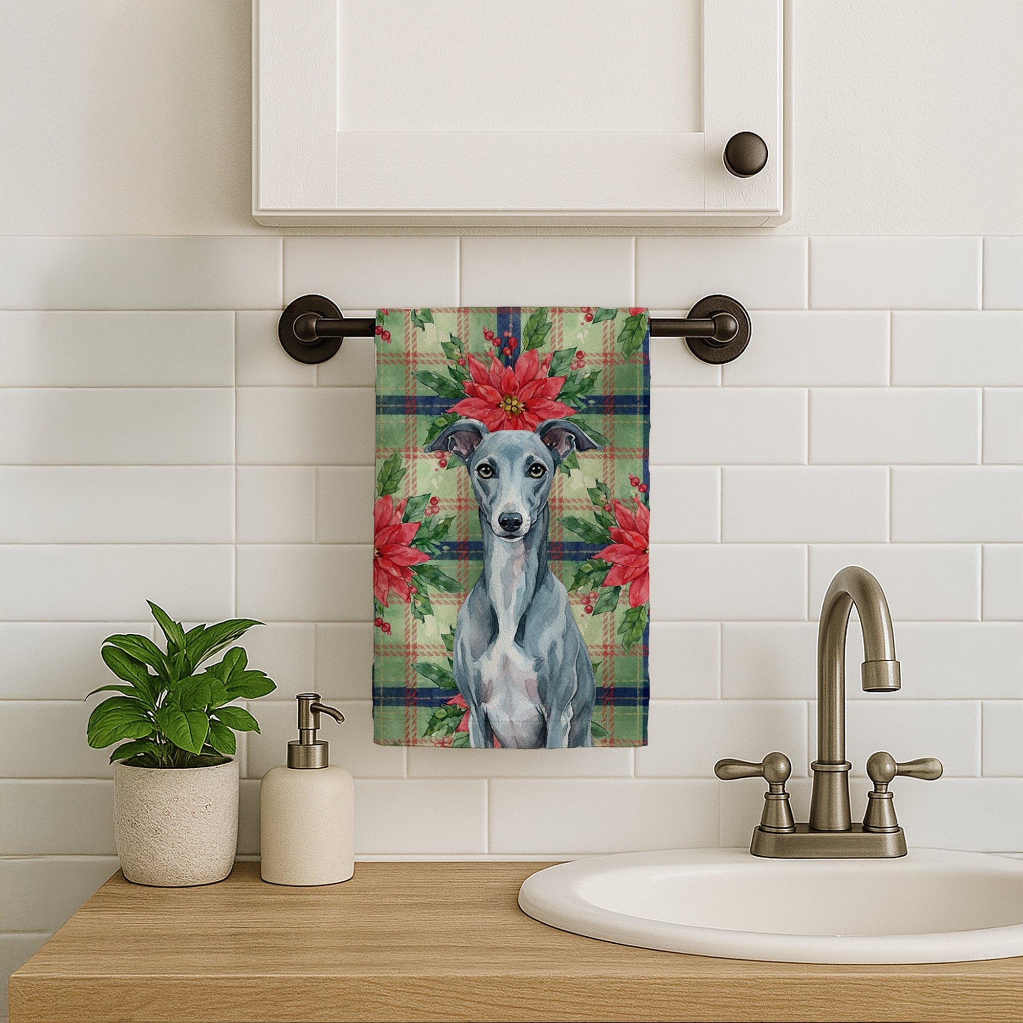 Blue Whippet Christmas PoinsettIas Kitchen Towel Velour Plush Front and Cotton Loop Back Machine Washable