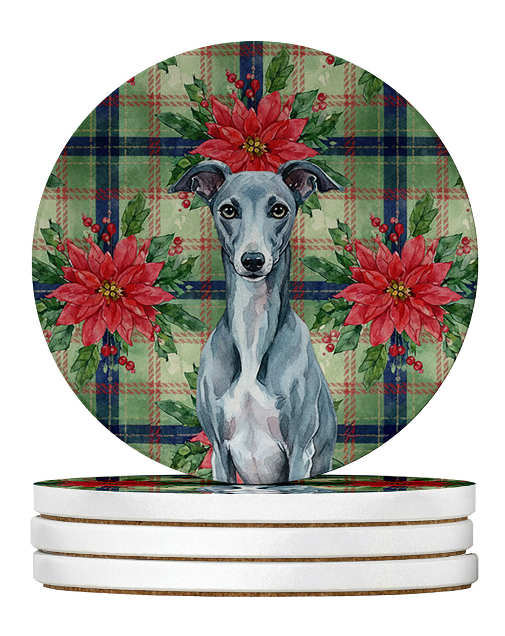 Blue Whippet Christmas PoinsettIas Large Sandstone Coasters Pack of 4 Absorbent Round Coasters Decor Gifts for Men or Women, 4 in, Multicolor