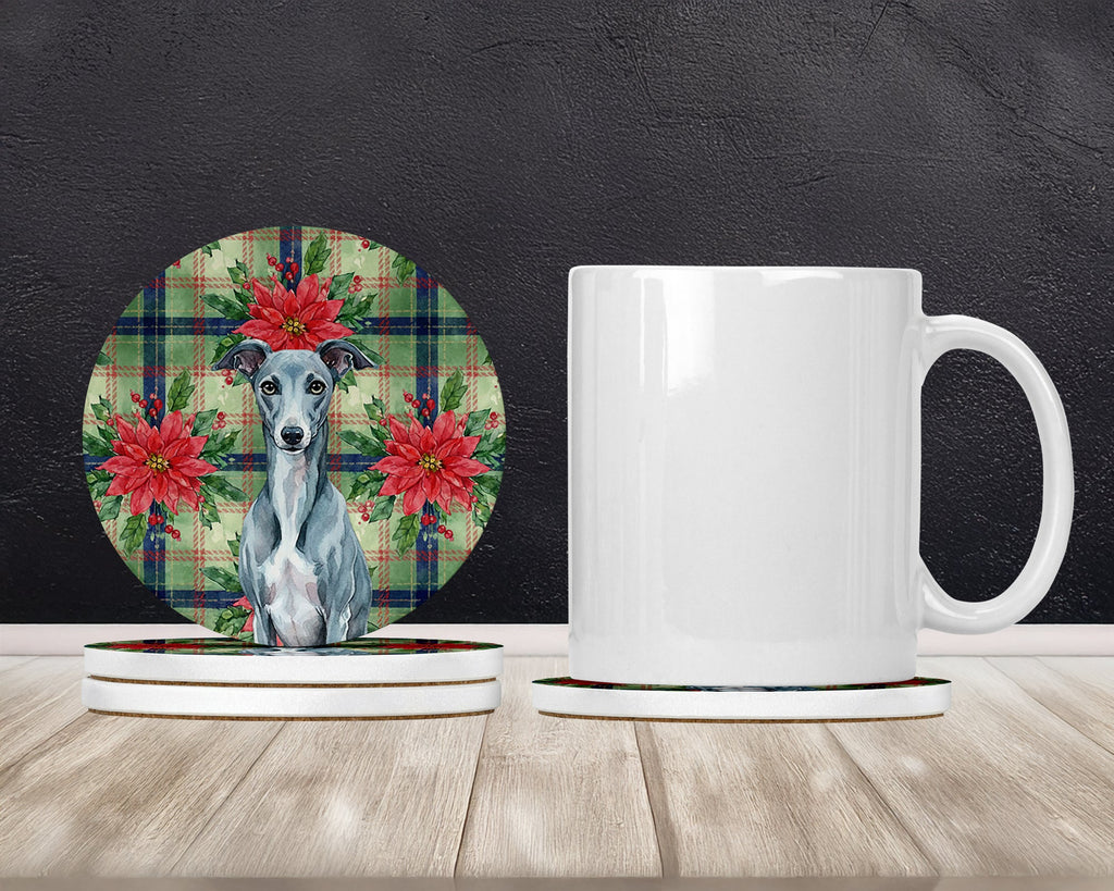 Blue Whippet Christmas PoinsettIas Large Sandstone Coasters Pack of 4 Absorbent Round Coasters Decor Gifts for Men or Women, 4 in, Multicolor