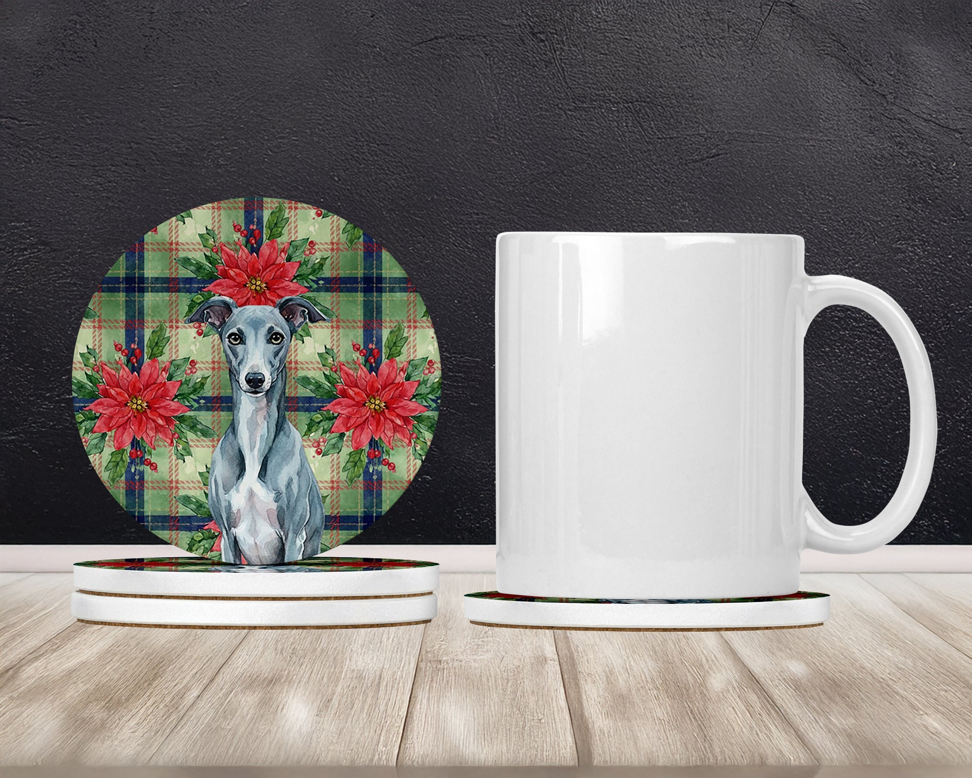 Blue Whippet Christmas PoinsettIas Large Sandstone Coasters Pack of 4 Absorbent Round Coasters Decor Gifts for Men or Women, 4 in, Multicolor