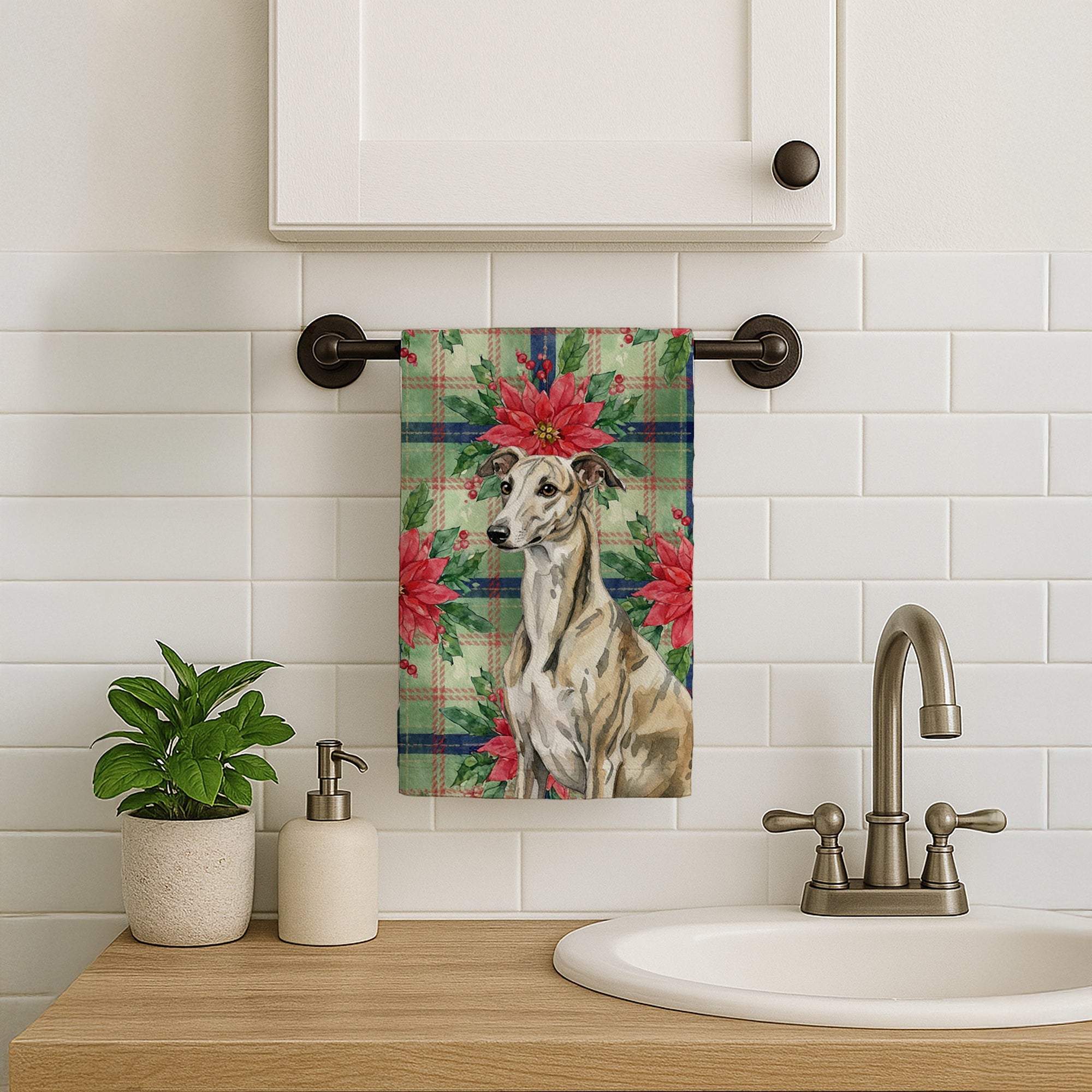 Brindle Whippet Christmas PoinsettIas Kitchen Towel Velour Plush Front and Cotton Loop Back Machine Washable