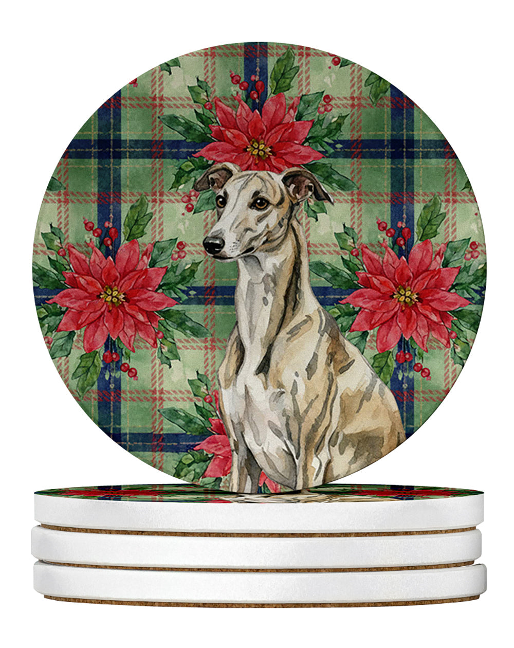 Brindle Whippet Christmas PoinsettIas Large Sandstone Coasters Pack of 4 Absorbent Round Coasters Decor Gifts for Men or Women, 4 in, Multicolor