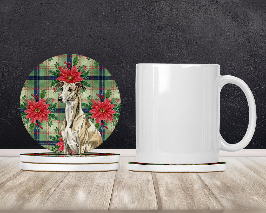 Brindle Whippet Christmas PoinsettIas Large Sandstone Coasters Pack of 4 Absorbent Round Coasters Decor Gifts for Men or Women, 4 in, Multicolor