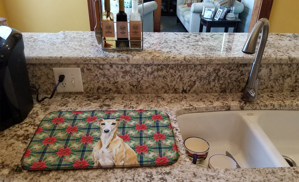 Fawn Whippet Christmas PoinsettIas Dish Drying Mat Absorbent Dish Drying Mat Pad for Kitchen Counter Dish Drainer Mat for Countertop, 14 x 21", Multicolor