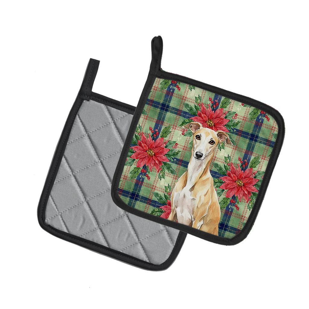 Fawn Whippet Christmas PoinsettIas Pot Holder Set of 2 Heat Resistant Quilted Hot Pads 7.5 x 7.5 Inch, Insulated Kitchen Trivets for Cooking & Baking