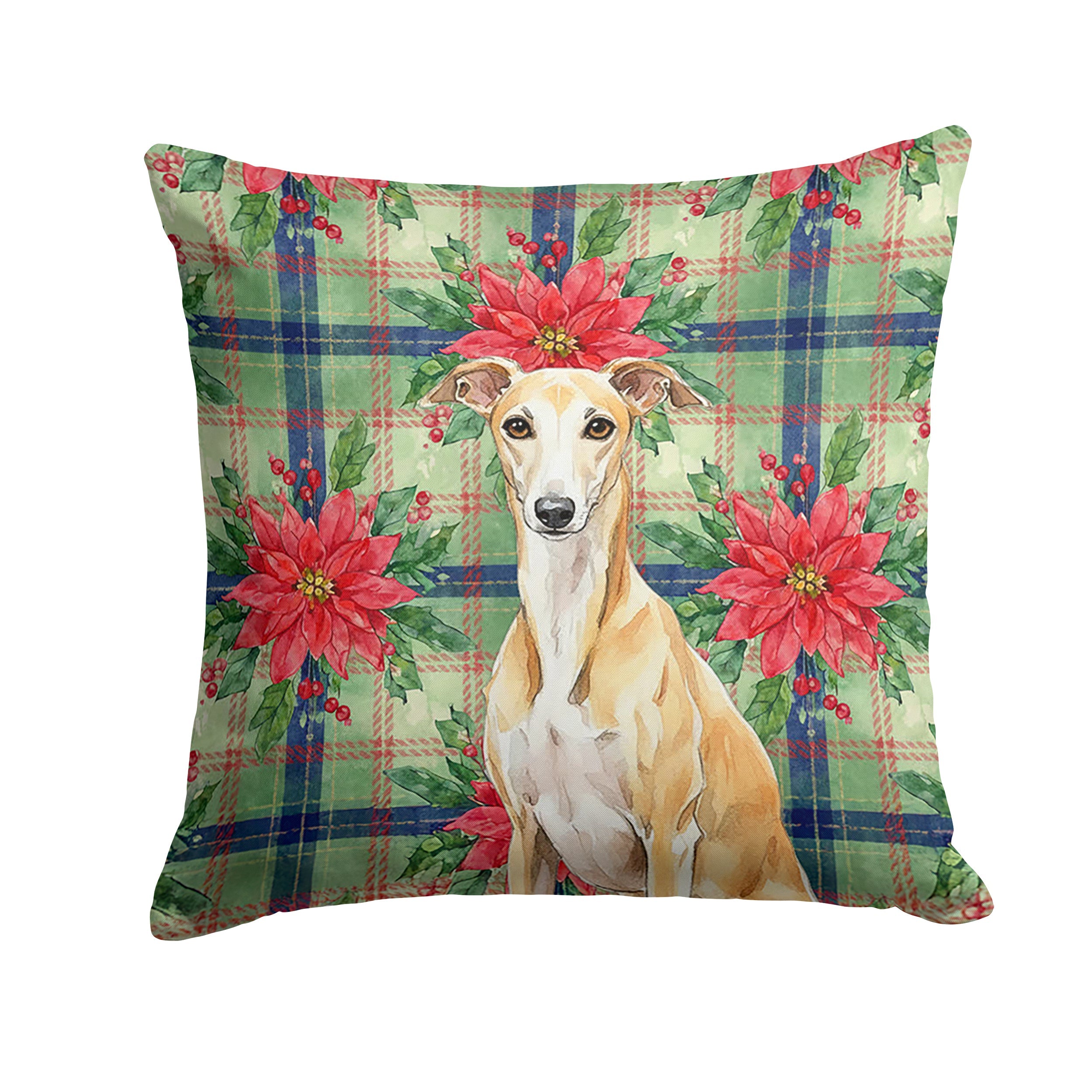Fawn Whippet Christmas PoinsettIas Decorative Throw Pillow 14x14 Indoor Outdoor Accent Cushion, Fabric Cover with Insert for Sofa, Bed, Porch & Living Room