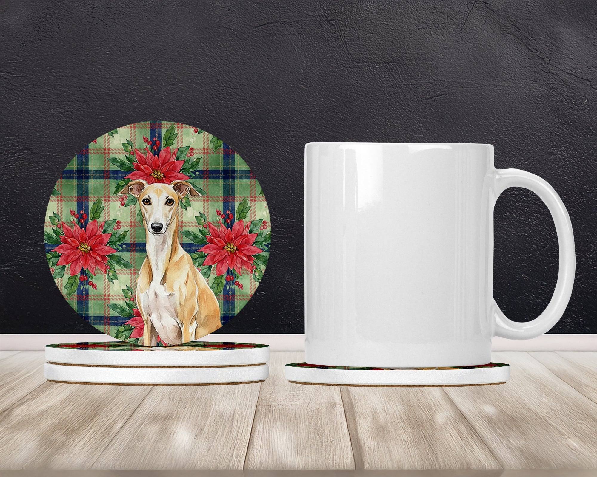 Fawn Whippet Christmas PoinsettIas Large Sandstone Coasters Pack of 4 Absorbent Round Coasters Decor Gifts for Men or Women, 4 in, Multicolor