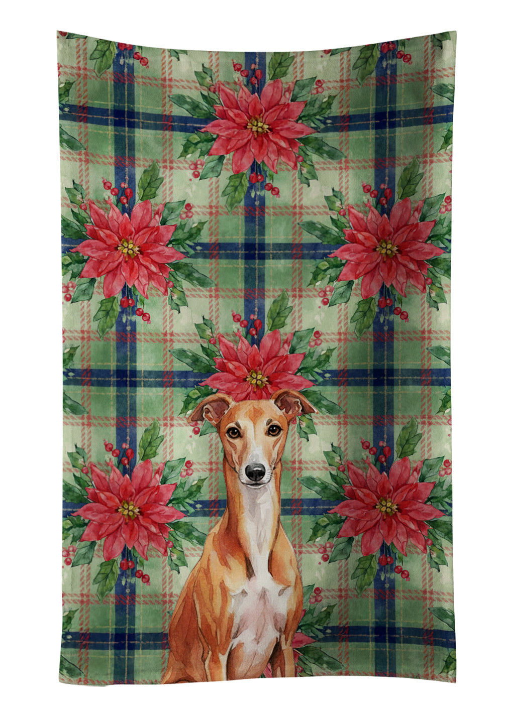 Red Whippet Christmas PoinsettIas Kitchen Towel Velour Plush Front and Cotton Loop Back Machine Washable