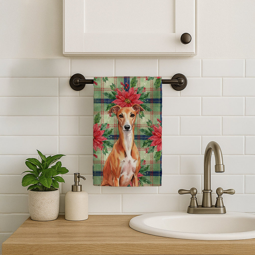 Red Whippet Christmas PoinsettIas Kitchen Towel Velour Plush Front and Cotton Loop Back Machine Washable