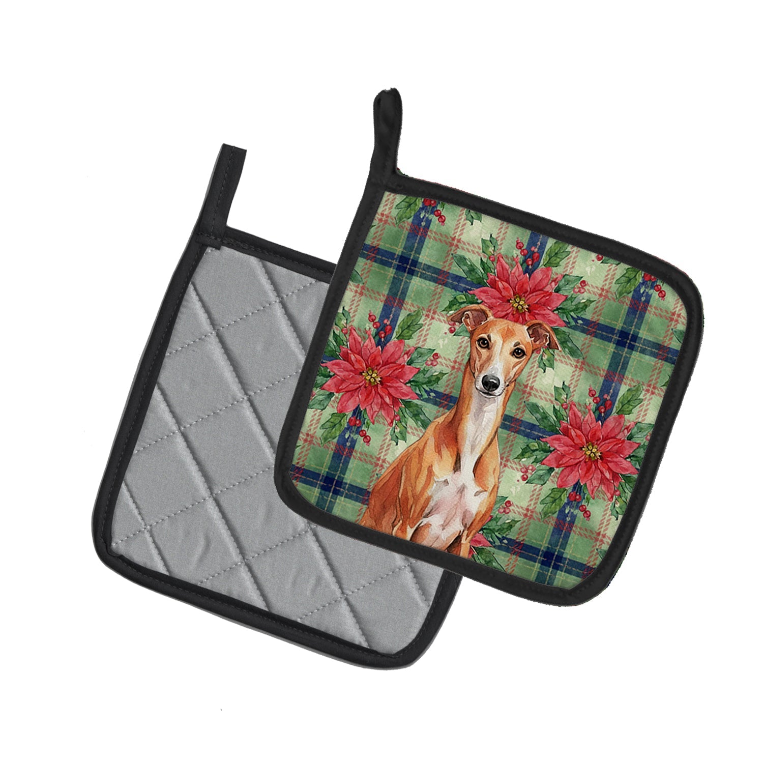 Red Whippet Christmas PoinsettIas Pot Holder Set of 2 Heat Resistant Quilted Hot Pads 7.5 x 7.5 Inch, Insulated Kitchen Trivets for Cooking & Baking