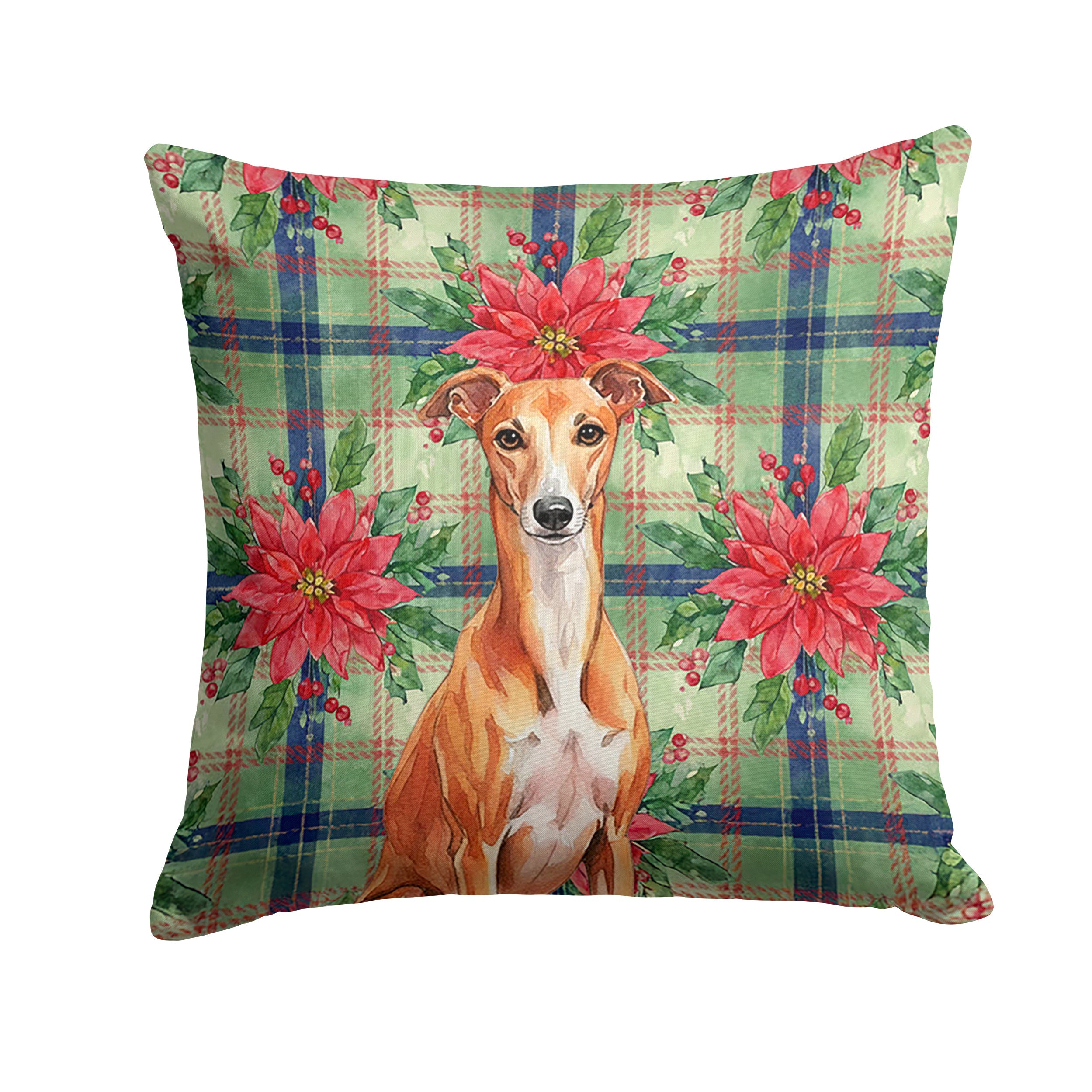 Red Whippet Christmas PoinsettIas Decorative Throw Pillow 14x14 Indoor Outdoor Accent Cushion, Fabric Cover with Insert for Sofa, Bed, Porch & Living Room