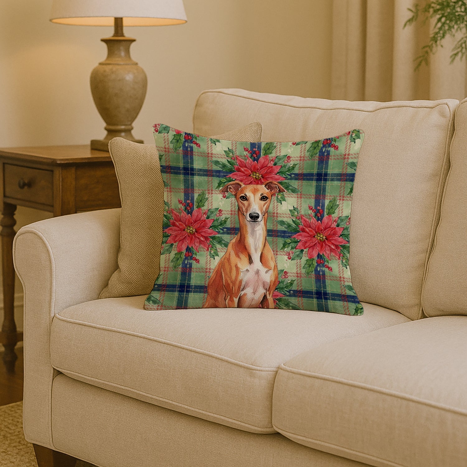 Red Whippet Christmas PoinsettIas Decorative Throw Pillow 14x14 Indoor Outdoor Accent Cushion, Fabric Cover with Insert for Sofa, Bed, Porch & Living Room