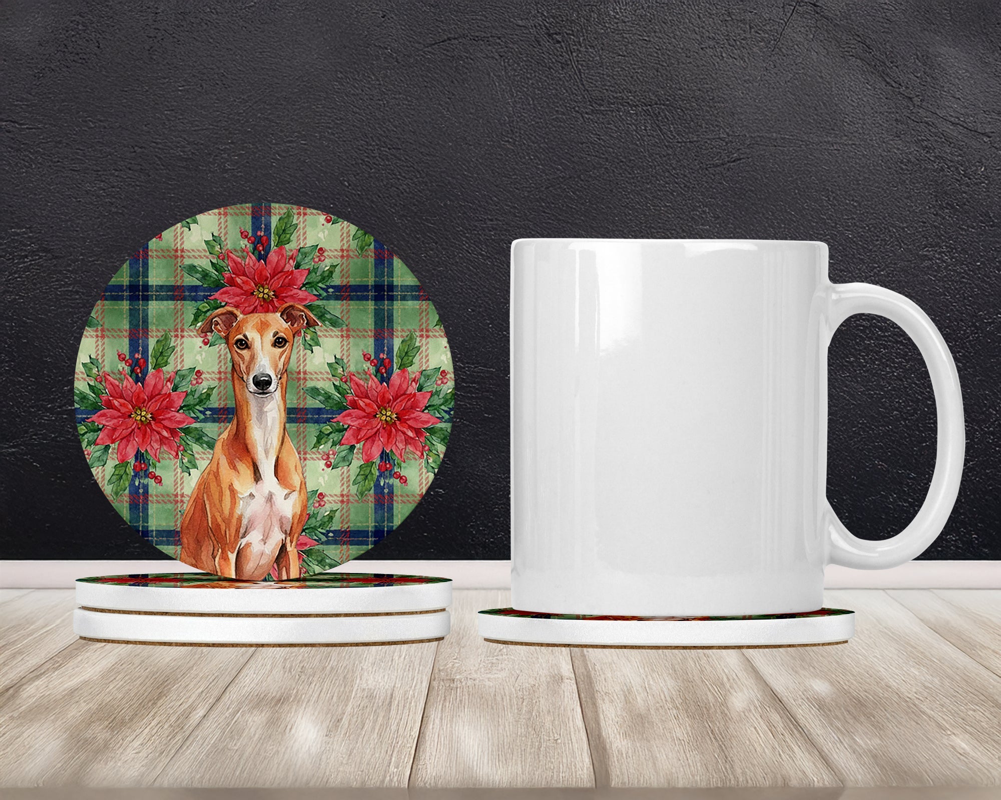 Red Whippet Christmas PoinsettIas Large Sandstone Coasters Pack of 4 Absorbent Round Coasters Decor Gifts for Men or Women, 4 in, Multicolor