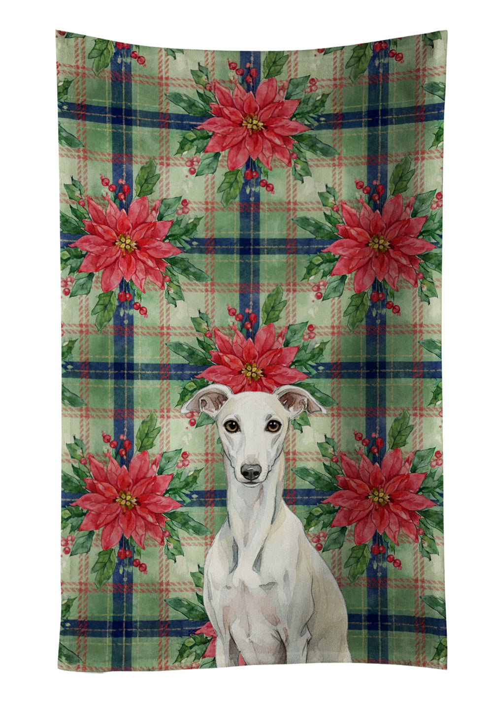 White Whippet Christmas PoinsettIas Kitchen Towel Velour Plush Front and Cotton Loop Back Machine Washable