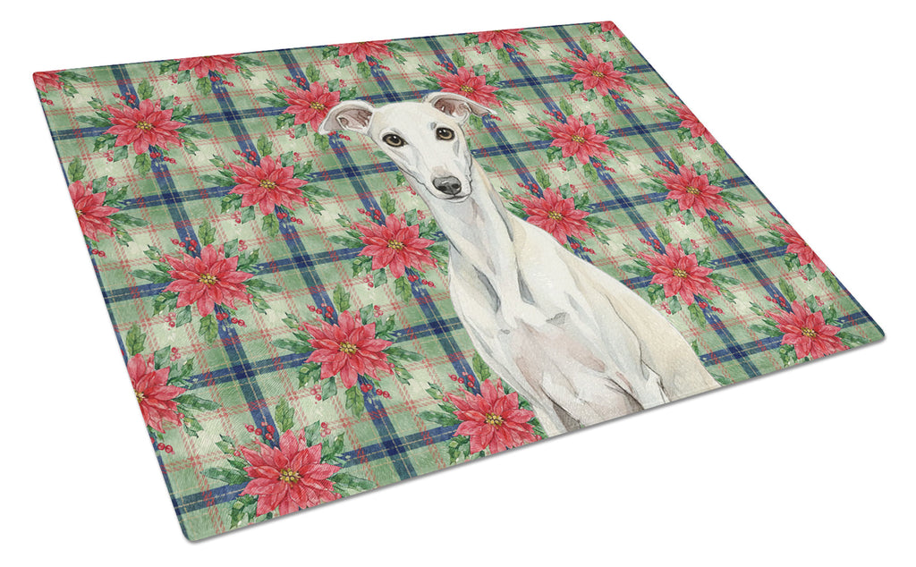 White Whippet Christmas PoinsettIas Cutting Board Tempered Glass Kitchen Cutting Surface, Heat Resistant Chopping, Non-Slip Feet, Food Prep & Serving