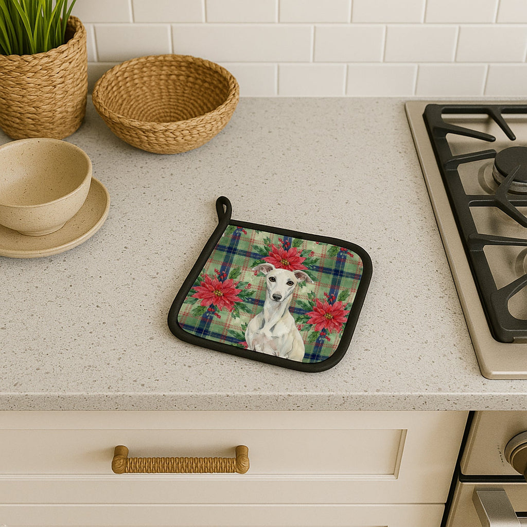 White Whippet Christmas PoinsettIas Pot Holder Set of 2 Heat Resistant Quilted Hot Pads 7.5 x 7.5 Inch, Insulated Kitchen Trivets for Cooking & Baking
