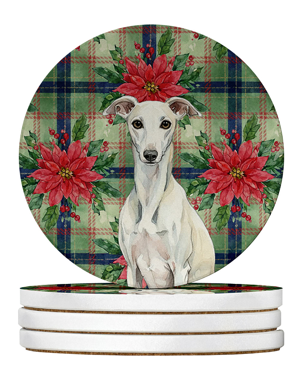 White Whippet Christmas PoinsettIas Large Sandstone Coasters Pack of 4 Absorbent Round Coasters Decor Gifts for Men or Women, 4 in, Multicolor