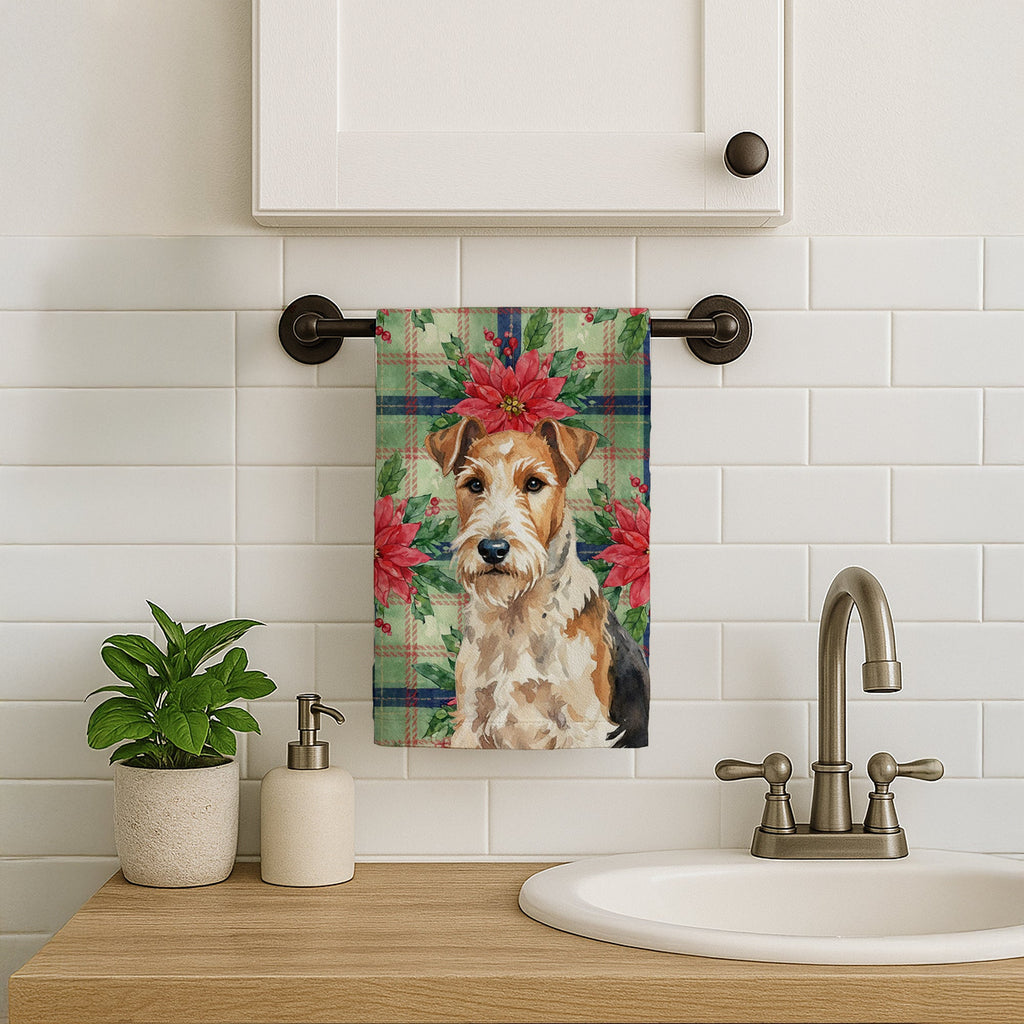 Wire Fox Terrier Christmas PoinsettIas Kitchen Towel Velour Plush Front and Cotton Loop Back Machine Washable