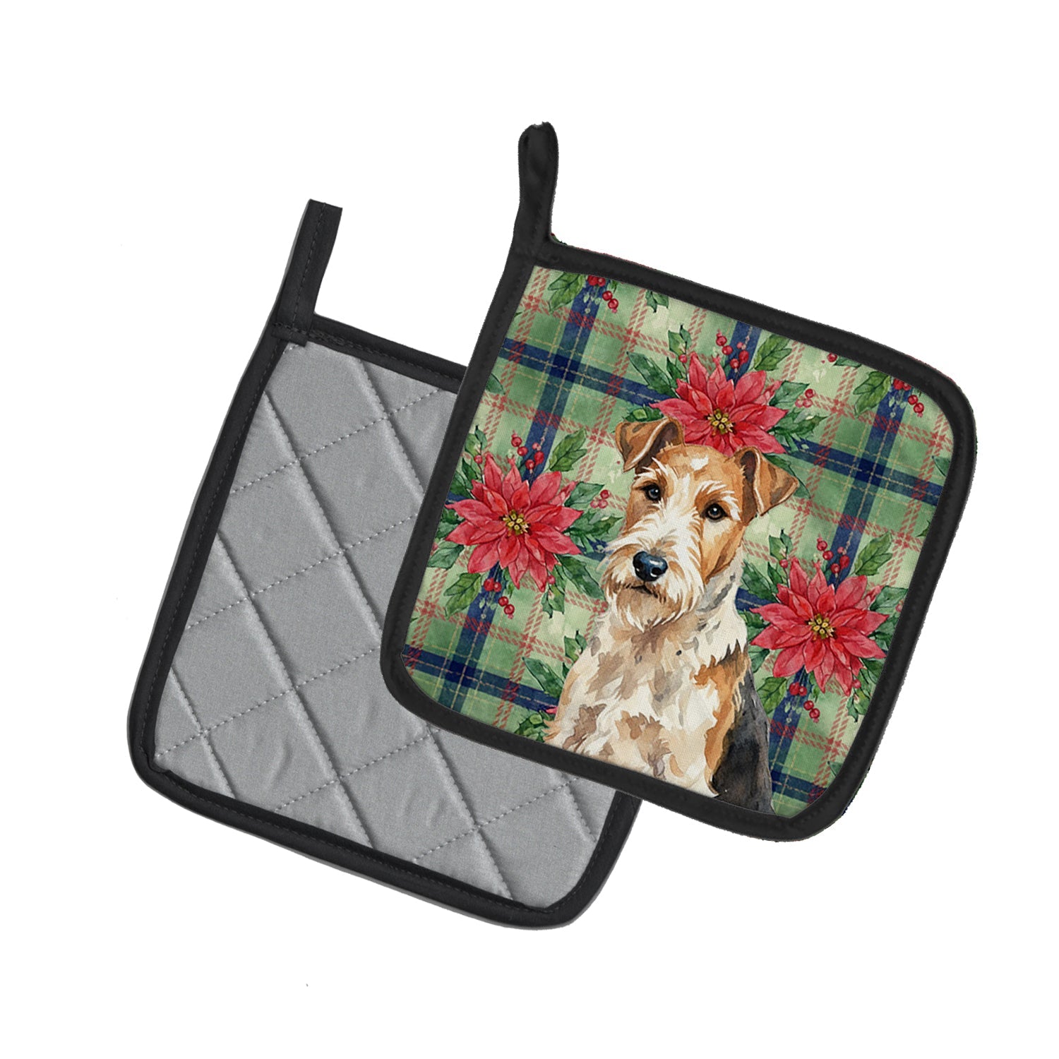 Wire Fox Terrier Christmas PoinsettIas Pot Holder Set of 2 Heat Resistant Quilted Hot Pads 7.5 x 7.5 Inch, Insulated Kitchen Trivets for Cooking & Baking
