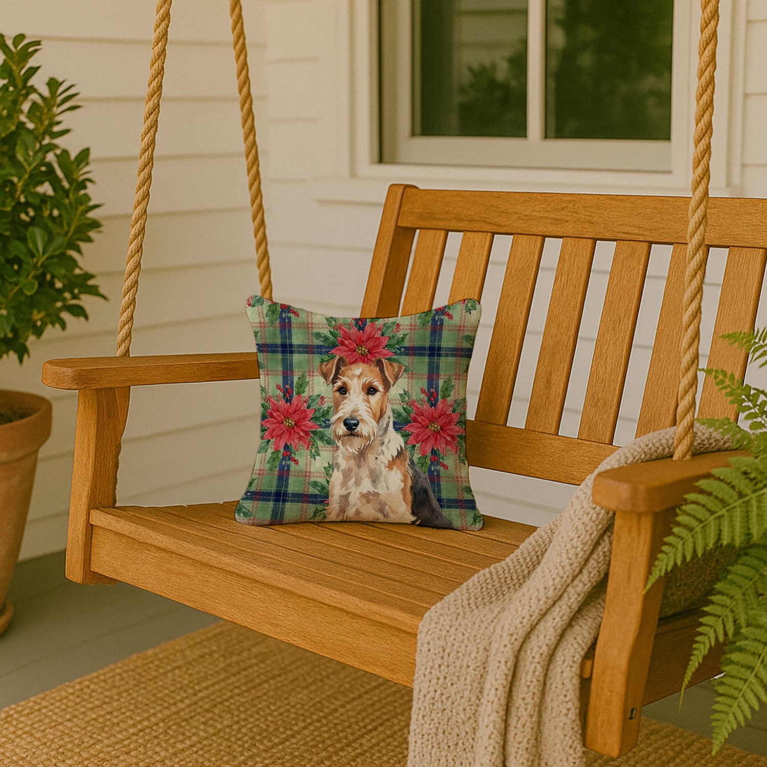 Wire Fox Terrier Christmas PoinsettIas Decorative Throw Pillow 14x14 Indoor Outdoor Accent Cushion, Fabric Cover with Insert for Sofa, Bed, Porch & Living Room