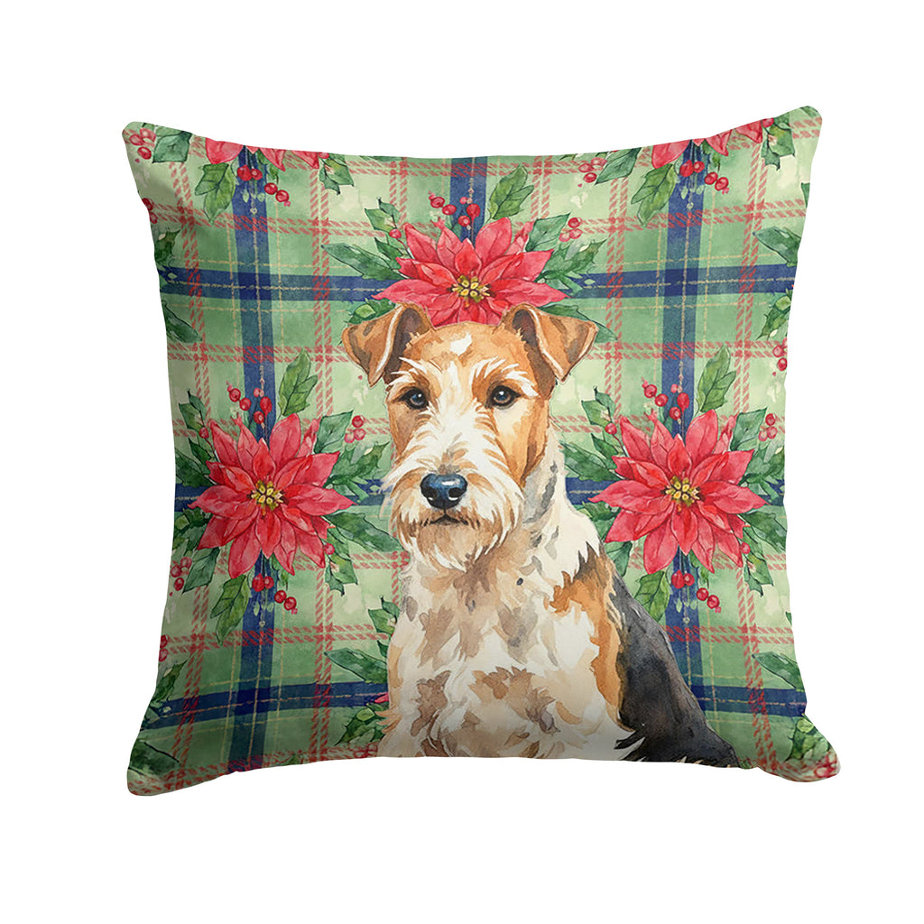 Wire Fox Terrier Christmas PoinsettIas Decorative Throw Pillow 18x18 Indoor Outdoor Accent Cushion, Fabric Cover with Insert for Sofa, Bed, Porch & Living Room