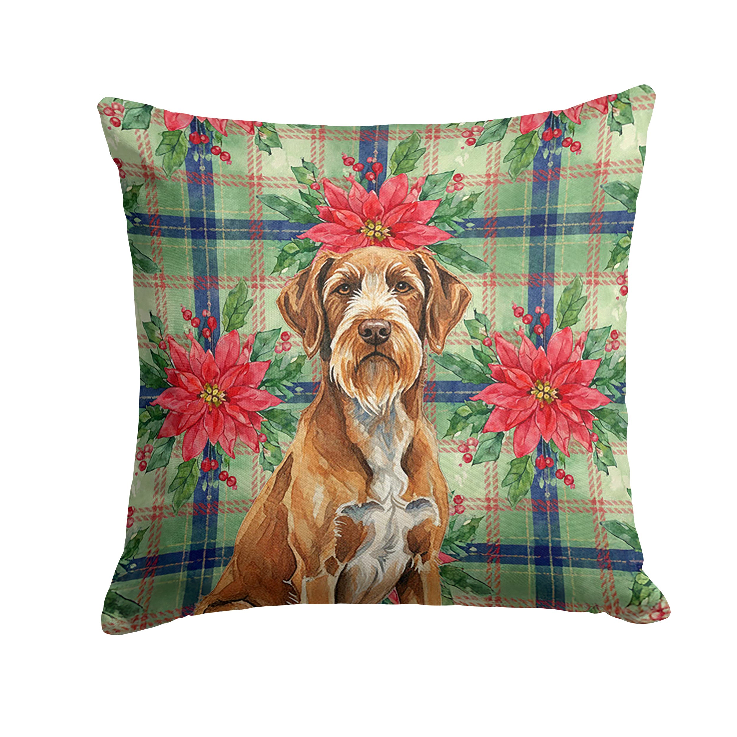 Wirehaired Pointing Griffon Christmas PoinsettIas Decorative Throw Pillow 18x18 Indoor Outdoor Accent Cushion, Fabric Cover with Insert for Sofa, Bed, Porch & Living Room
