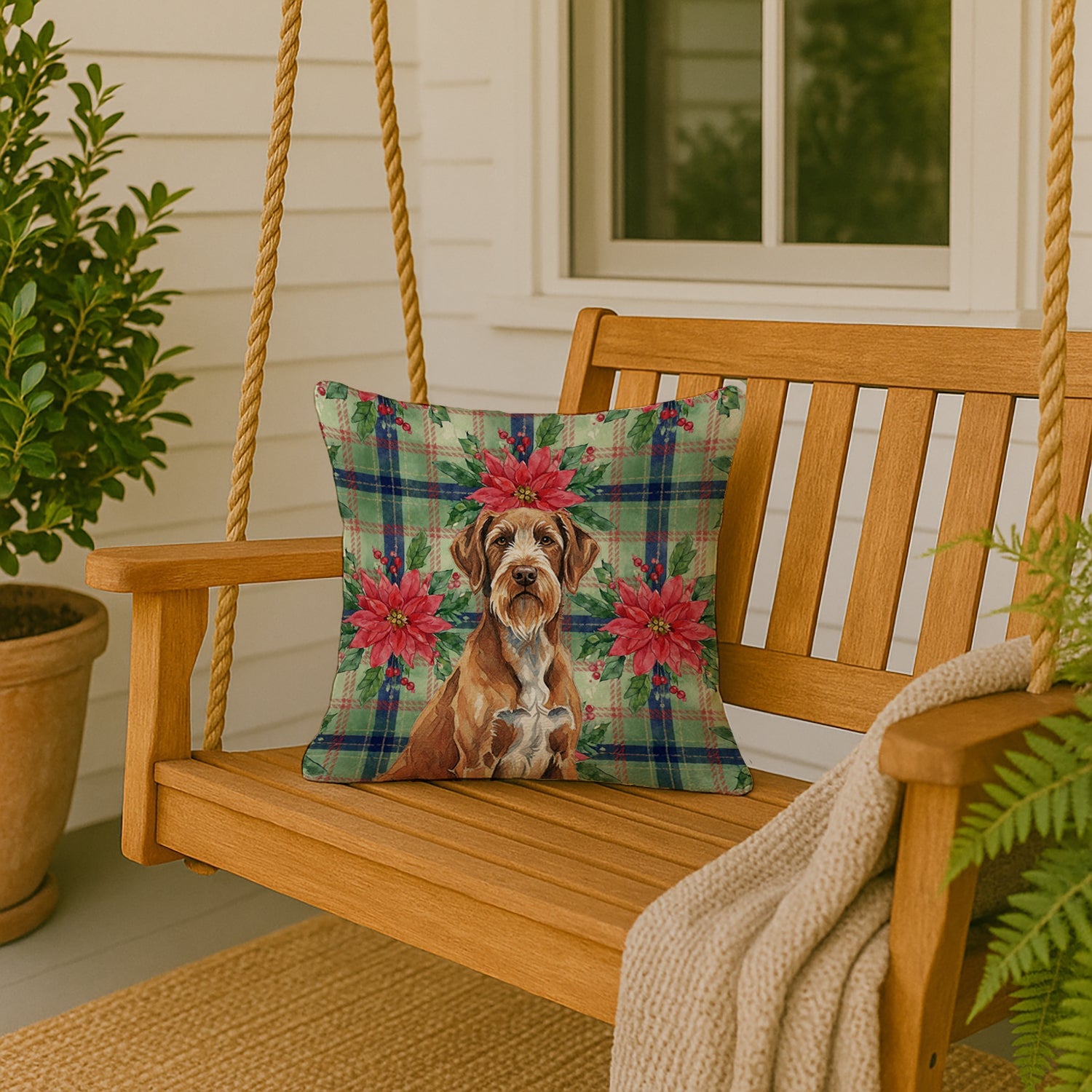 Wirehaired Pointing Griffon Christmas PoinsettIas Decorative Throw Pillow 18x18 Indoor Outdoor Accent Cushion, Fabric Cover with Insert for Sofa, Bed, Porch & Living Room