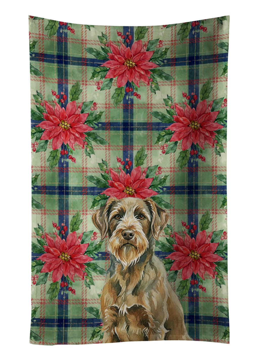 Chestnut Wirehaired Pointing Griffon Christmas PoinsettIas Kitchen Towel Velour Plush Front and Cotton Loop Back Machine Washable