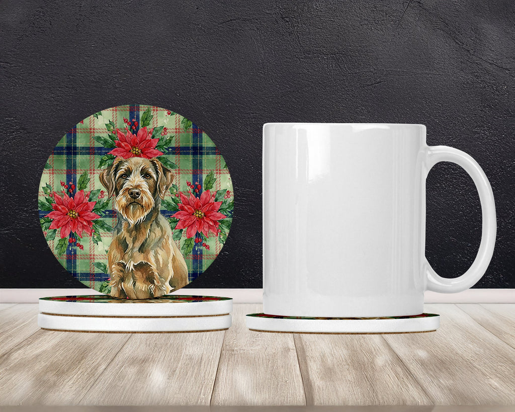 Chestnut Wirehaired Pointing Griffon Christmas PoinsettIas Large Sandstone Coasters Pack of 4 Absorbent Round Coasters Decor Gifts for Men or Women, 4 in, Multicolor