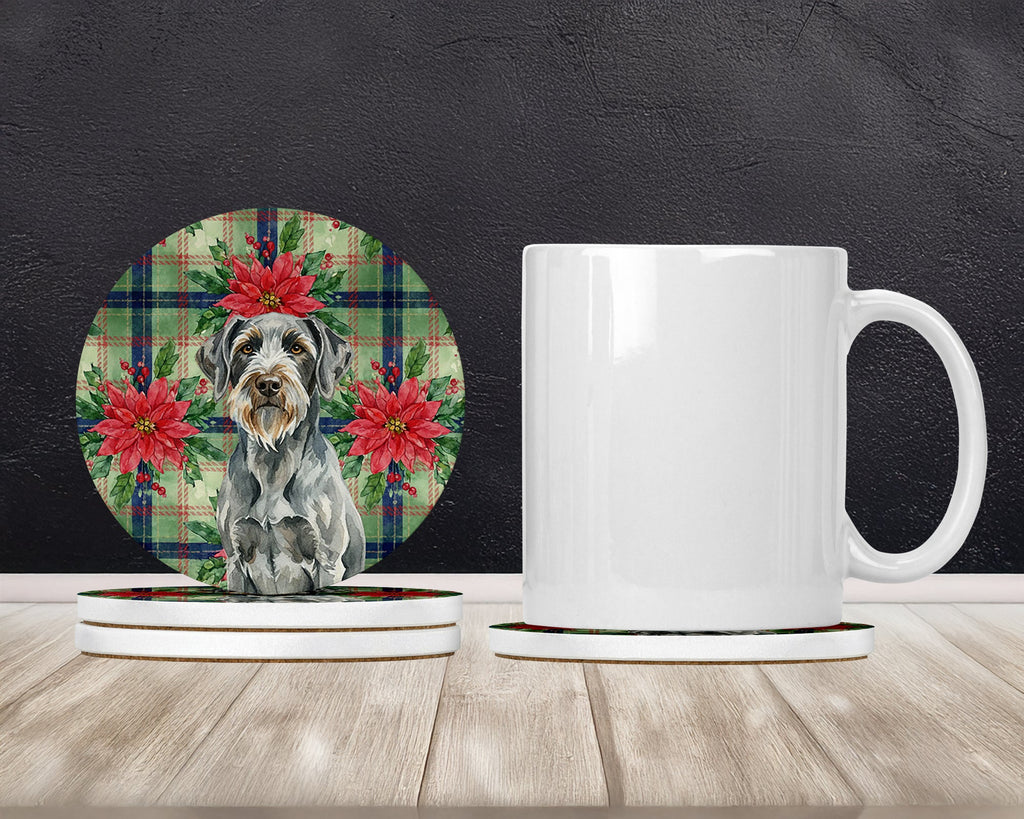 Steel Gray Wirehaired Pointing Griffon Christmas PoinsettIas Large Sandstone Coasters Pack of 4 Absorbent Round Coasters Decor Gifts for Men or Women, 4 in, Multicolor