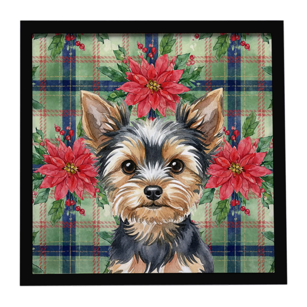 Black and Tan Yorkshire Terrier Christmas PoinsettIas Framed Metal Print Bathroom, Kitchen, Office, Home Decor Wall Art Ready to Hang, Square, 8X8