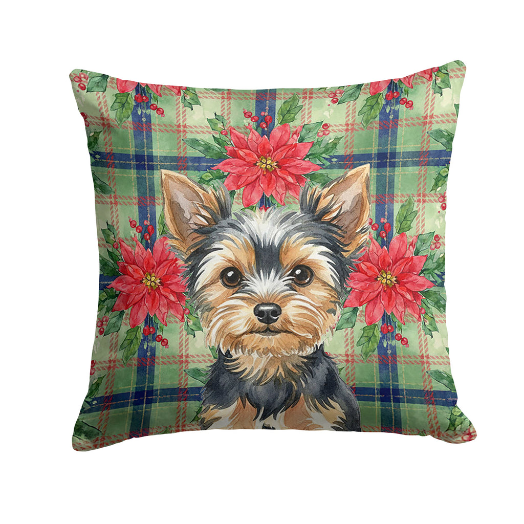 Black and Tan Yorkshire Terrier Christmas PoinsettIas Decorative Throw Pillow 18x18 Indoor Outdoor Accent Cushion, Fabric Cover with Insert for Sofa, Bed, Porch & Living Room