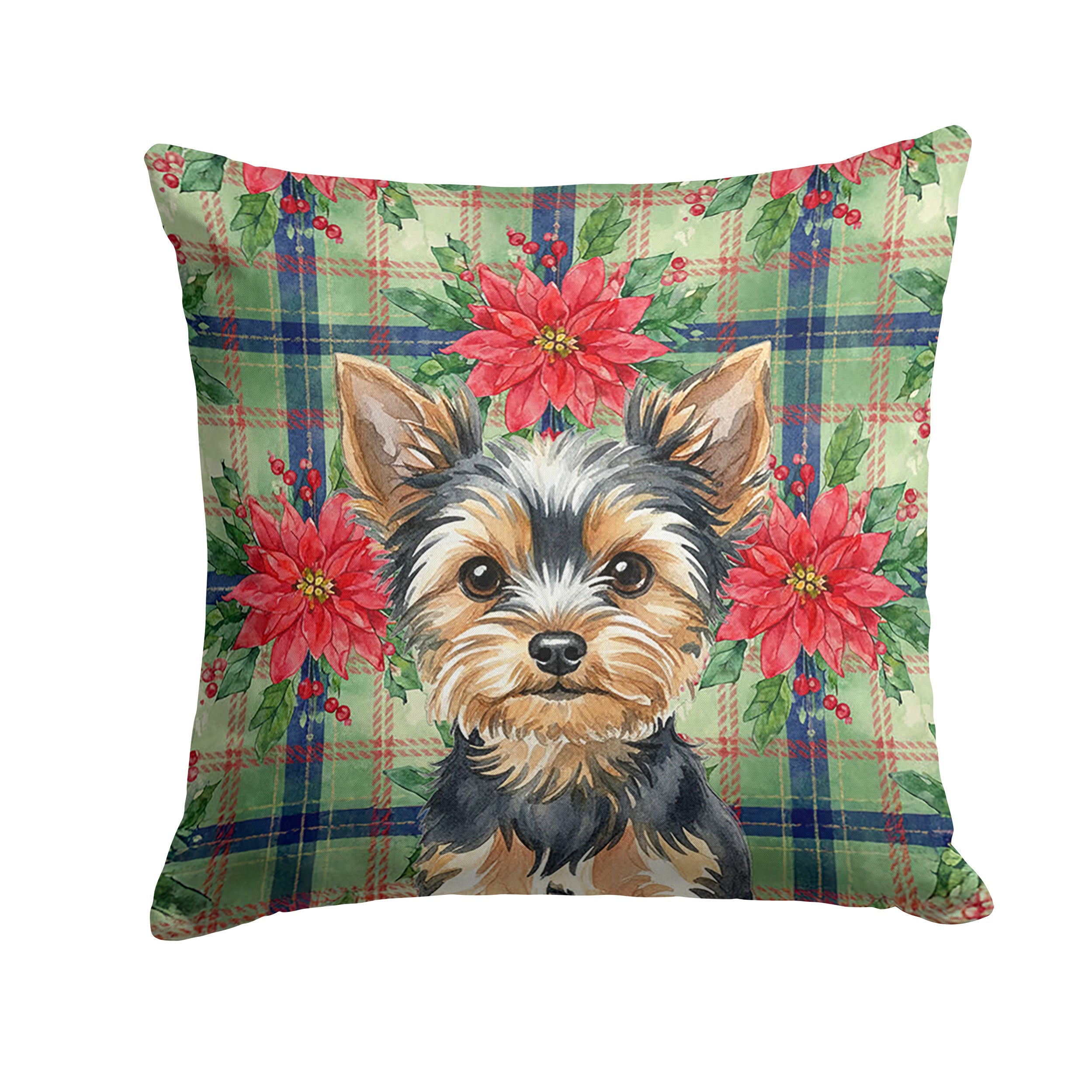 Black and Tan Yorkshire Terrier Christmas PoinsettIas Decorative Throw Pillow 18x18 Indoor Outdoor Accent Cushion, Fabric Cover with Insert for Sofa, Bed, Porch & Living Room