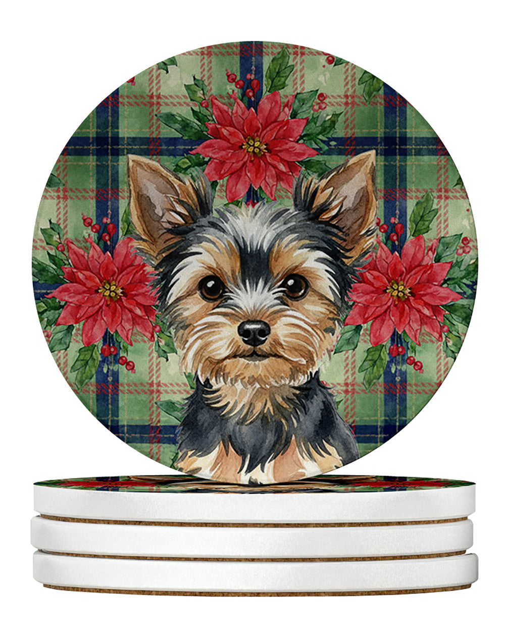 Black and Tan Yorkshire Terrier Christmas PoinsettIas Large Sandstone Coasters Pack of 4 Absorbent Round Coasters Decor Gifts for Men or Women, 4 in, Multicolor