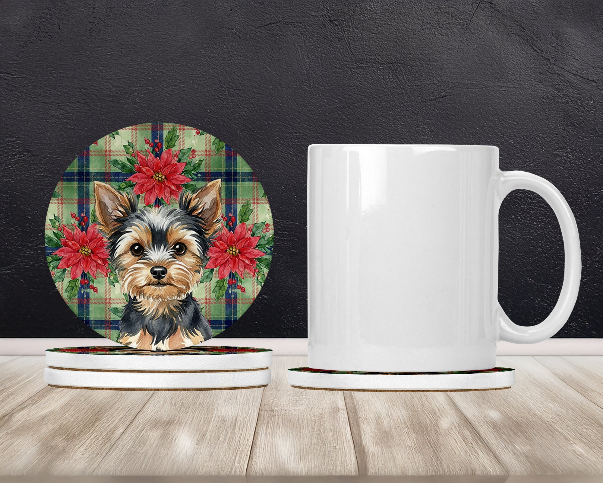 Black and Tan Yorkshire Terrier Christmas PoinsettIas Large Sandstone Coasters Pack of 4 Absorbent Round Coasters Decor Gifts for Men or Women, 4 in, Multicolor