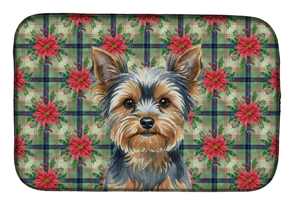 Blue and Tan Yorkshire Terrier Christmas PoinsettIas Dish Drying Mat Absorbent Dish Drying Mat Pad for Kitchen Counter Dish Drainer Mat for Countertop, 14 x 21", Multicolor